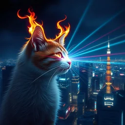 Cats hair flame , Lazer eye , Tokyo city night view wallpaper
