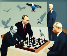 Putin, President Xi Of China And Joe Biden Play Chess With A Pigeon,Complex Surgical Instruments,A Newborn Boy,Minimalism,Painting By Lucian Freud,Rene Magritte,Adrian Ghenie,Michelangelo,Salvador Dali,Pablo Picasso