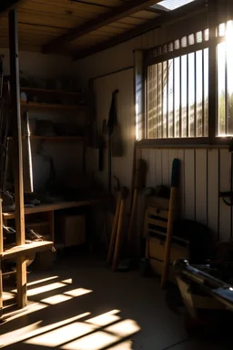 The corner of a garage, sports equipment scattered about, a beam of sunlight is cast on the wall