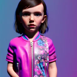 Millie bobby brown toddler, full body, leather jacket, floral shirt, floral skirt, Nike sneaker, soft skin, city background, dramatic lighting, hyper realistic