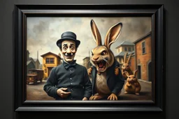 Real Charlie Chaplin in front of the frame, and town major troll mouse rabbit in style of Rembrandt and Fallout 4, with motion blur, all on a painting on wall with black wooden frame and with black wall background