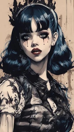 Poster in two gradually, a one side malevolent goth vampire girl face and other side the Singer Melanie Martinez face, full body, painting by Yoji Shinkawa, darkblue and sepia tones,