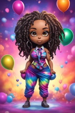 Create an airbrush image of a chibi black curvy female wearing a tie dye yoga outfit. Prominent make up with hazel eyes. Highly detail asymmetrical dread locs. background of colorful large ballons 2k