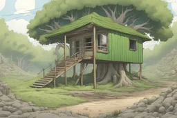 one tree house in the middle of the image, green tarp roof, bared land, post-apocalypse, front view, comic book, cartoon,,