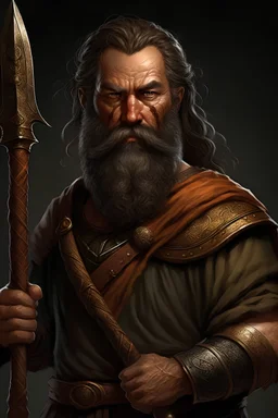 large burly man, stern gaze, grand beard, brown hair, very little expression, old greek style clothing, holding a great sword that is very large with fiery engravings and a leather wrapped handle