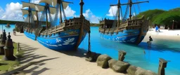 A blue bay with pirate ships designed in Mehndi design painted by Paul Gauguin
