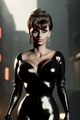 Sophia Loren dressed in shiny black leather, blade runner, busty, cleavage, volumetric lighting, particales,highly detailed,cinematic, deep colours,8