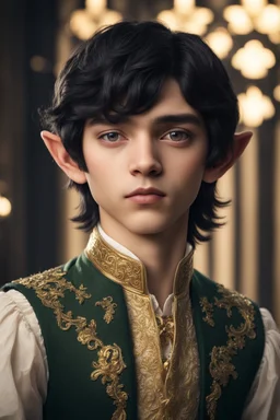 seventeen years old elf boy, with black hair and golden eyes, dressed in clothes from the 19th century.