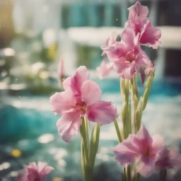 Gladiolus kales in a swimming pool, old damaged polaroid, sunny day, vivid colors, bokeh effect