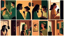 6 panels showing 12 different people in their house talking on the phone