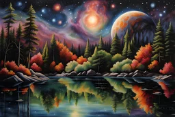 by the lake, on an alien world, within the Orion Nebula, by night, the nebula gas clouds and stars visible in the sky, and reflected in the water, alien otherworldly plant like life forms unlike those of earth :: extremely detailed, intricate, photorealistic, beautiful, high detail, high definition, pencil sketch, deep color, watercolor, award winning, crisp quality