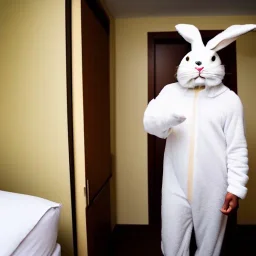 a man in a rabbit costume, hotel room