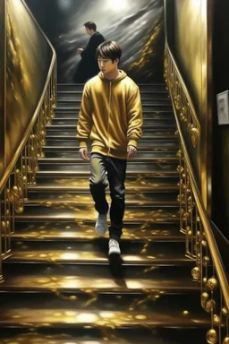 Oil painting Jungkook walks and his steps turn into goldPhotorealistic