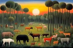 A forest glade with animals at sunset by artist "Henri Rousseau",by artist "Mark Rothko"