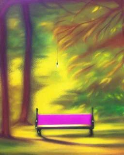 park mystical dream, park bench, man, woman, child, dog, trees, path, bird, sunshine, mystical, fantasy, romanticism, pastel colors, daylight, daytime, acrylic painting, detailed, soft focus,