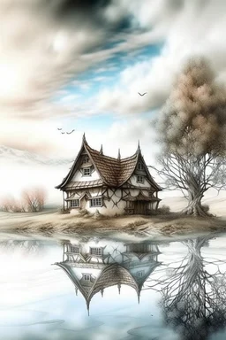 The place where the Dream and its followers live. A reflection of the sky. Watercolor, fine drawing, beautiful landscape, pixel graphics, lots of details, pastel aqua colors, delicate sensuality, realistic, high quality, work of art, hyperdetalization, professional, filigree, hazy haze, hyperrealism, professional, transparent, delicate pastel tones, back lighting, contrast, fantastic, nature+space, Milky Way, fabulous, unreal, translucent, glowing