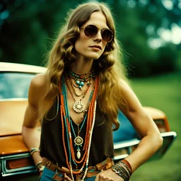 a female hippie wearing 1970s jewelry