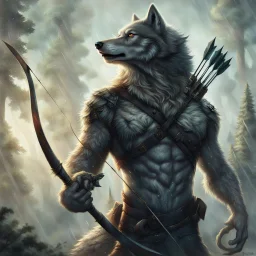 an anthropomorphic wolf man in just full furry wolf body hair and wearing just a dark belt around his chest holds a bow in his paw, quiver with arrows on his shoulder and looking warlike the horizont, blur background with giant alien trees, rainy day, detailed, cinematic, sci-fi, fantasy mood