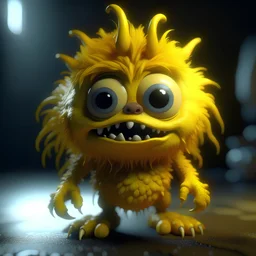 A crazy yellow sharp hair cute funny monster with 2 big realistic eyes wiggly arms and legs clearly visible 8k resolution cinema 4d unreal engine-5 realistic octane render gothic style,ornate