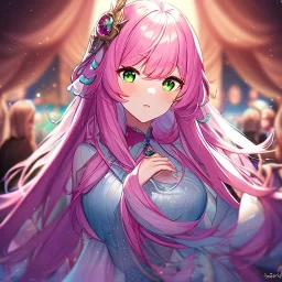 Clear focus,8k,Beatiful Lighting,Detailed, pink long fluffy hair, long fluffy bangs, green eyes, wearing a stunning sparkling outfit, dating game