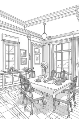 Outline art, house interior design, dining room, no shading, no lines, cartoon style, --ar 9:11