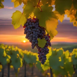 close up one big bunches of grapes are hanging from a vine in a vineyard at sunset grape field with skyline view, by Phil Koch, award winning photography, extremely detailed