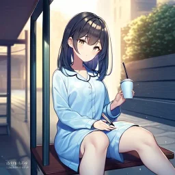 anime girl sitting on a porch swing, wearing pajamas, drinking a cup of coffee, writing in a book