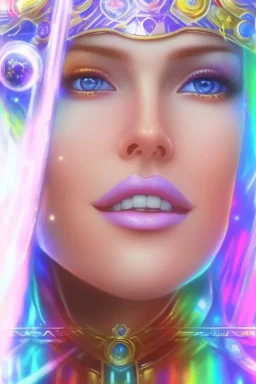 cosmic woman smile, admiral from the future, one fine whole face, crystalline skin, expressive blue eyes,rainbow, smiling lips, very nice smile, costume pleiadian, Beautiful tall woman pleiadian Galactic commander, ship, perfect datailed golden galactic suit, high rank, long blond hair, hand whit five perfect detailed finger, amazing big blue eyes, smilling mouth, high drfinition lips, cosmic happiness, bright colors, blue, pink, gold, jewels, realist, high commander,ufo rainbow