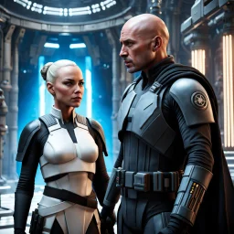 a bold and heroic bald male Corellian pilot in black and metallic grey First Order special forces gear meets a female Jedi Master in ancient, mystical temple, hyperdetailed, dynamic lighting, hyperdetailed background, 8k resolution, volumetric lighting, light skin, fully symmetric details