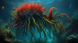 creatures, plants from subanautica from deep sea, leviathan's a lot of sea plants very deep, beautiful, river of magma, green and blue colours