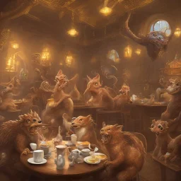 Mythical and legendary creatures sitting in a cafe drinking coffee with detailed details, full and clear painting elements, full HD painting resolution, 4K, 8K, 16K,