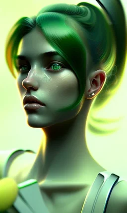 girl, cute, beautiful, green hair, casual clothes, head and shoulders portrait by Greg Rutkowski