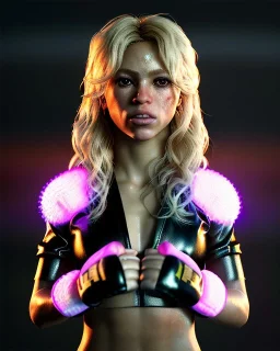 portrait, Shakira, blonde artist, angry, Realistic image, MMA robe, hoodie, mma gloves, fight pose, make-up make-up, gold line make-up, sweat, fog, goddess style, Neon colors, leds. Black background, photo studio, concept art, smooth, unreal engine 5, god lights, ray tracing, RTX, lumen lighting, ultra detail, volumetric lighting, 3d, finely drawn, high definition, 4k.