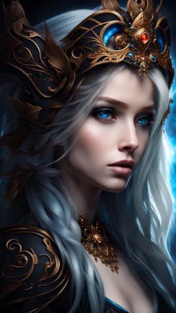 portrait of a pretty young girl with blonde hair one blue eye and one brown eye. Dark fantasy