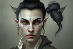 A Fantasy elf, a white male with black hair tied up in a bun, a scarred left eye. Full body