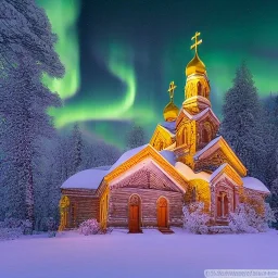 Orthodox Church decorated with intricate stone carvings on a snowy night, golden crosses on tops, pink light inside, many different color northern lights,Aurora Borealis and Full Moon over Mountains, 10 second long exposure highly detailed ultra reallistic oil on canvas cinematic lighting colourful Jacek Yerka Thomas Kinkade Caspar David Friedrich long exposure good atmosphere