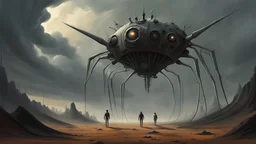 Creepy Mechanical Designs, a strange surreal fantasy world, science-fiction painting by Alex Andreev, James Clyne, Jeremy Hanna, Alexey Egorov, Louis Laurent, Caravaggio, Denis Simon Stålenhag, sinister skies, eerie human forms {huge Creatures intimately populate the harsh landscape}, huge drama, intense, unnerving, terrifying but palatable art, Brooding and atmospheric, digital-analog, techno gothic noir, sci-fi horror, dark space, techno gothic, ndustrial post punk,