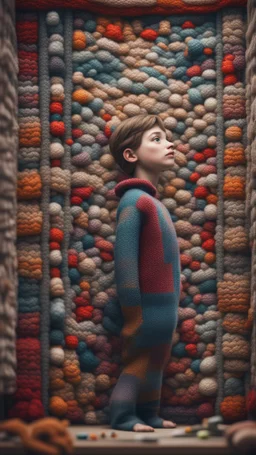 a desperate person woven into a knitted tapestry wall, bokeh like f/0.8, tilt-shift lens 8k, high detail, smooth render, down-light, unreal engine, prize winning