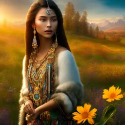 subtle indigenous, beautiful portrait, flowery landscape, light, sun