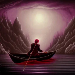 Charon in his boat on the river Styx, red black purple colours, 8k, high definition, fantasy art