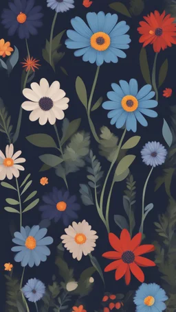 A dark flowers on the ground , all picture items and backgrounds are dark blue