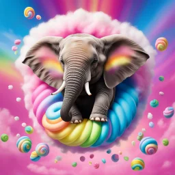 longshot top-view of a realistic high detailed baby elephant floating (or falling) looking towards the viewer as if coming out of a dream-like spiral vortex of soft fluffy cloud-like colourful candy floss. The Elephant is holding a peanut in the tip of it's trunk which is shown in its entirety. chocolate-covered m and m's, and colourful rainbow lollipops are falling from the sky into the spiral vortex surrounding the elephant. bright/ pastel colour