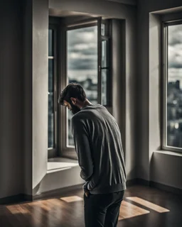 A man with his back to us looking out the big window and feeling depressed