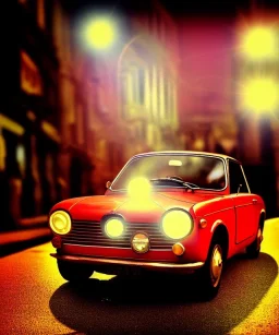 fiat 125p, city. high speed. bokeh. lens flare. warm lights. high detailed. oil on canvas