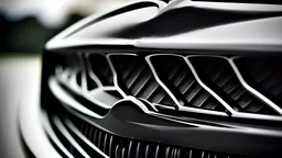 Photograph of a the front grill of a gorgeous, expensive, oldschool black sports car with a big, black front grill, realistic, stylish, taken up close from the front of the car.