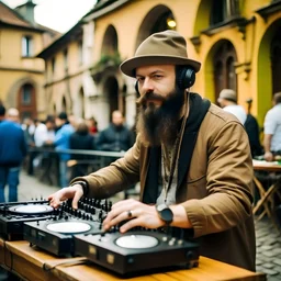 A short brown beard DJ with a hat on his head sing at microphone, the DJ console, many electronic consoles around, play middle street of medieval city, FRONT VIEW