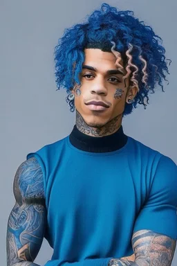 longish blue curly hair, brown skin, light eyes, tattoos, black turtle neck clothing