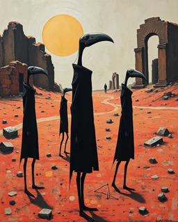 long-legged surreal lean black-grey figures with beak-shaped heads in overcoat, profile, semi-silhouettes among ramshackle ruins in a barren landscape of red, yellow, black and beige colors, intricate acrylic painting