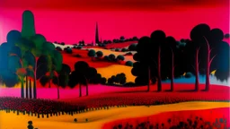 A magenta field with cypress trees near an Italian village painted by Joan Miro