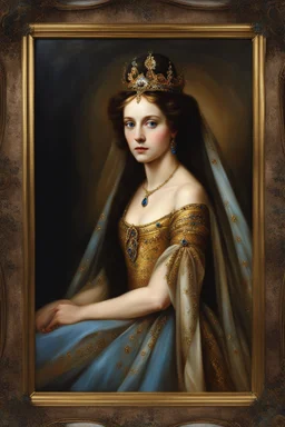 Gothic Gold framed painted portrait of a beautiful queen wearing a small tiara. her hair is long and light brown in colour and she has blue eyes, dark fantasy